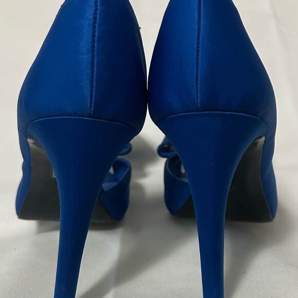 Michael - Blue Satin Peep-Toe Pumps with Bow Accent - Picture 5 of 5
